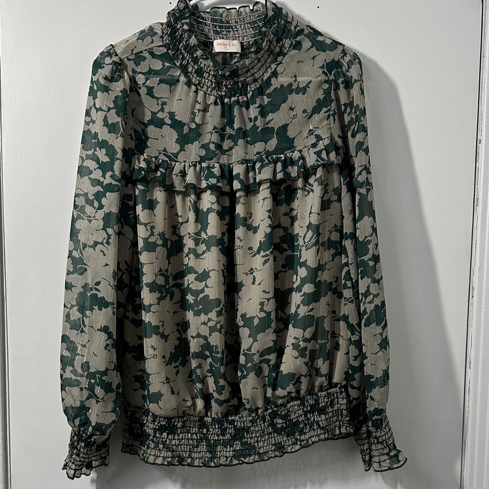 Elegant Green Floral Blouse with Ruffle Details